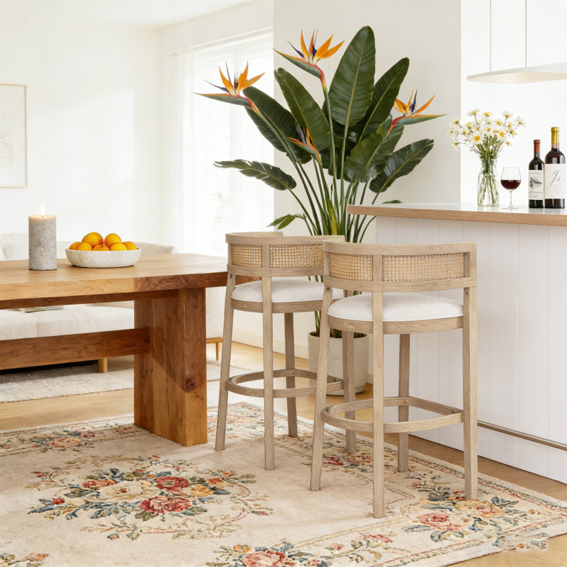 Ensemble de 2 tabourets de bar rembourrés en bois et rotin (sans la table), Beige, Bois de frêne naturel