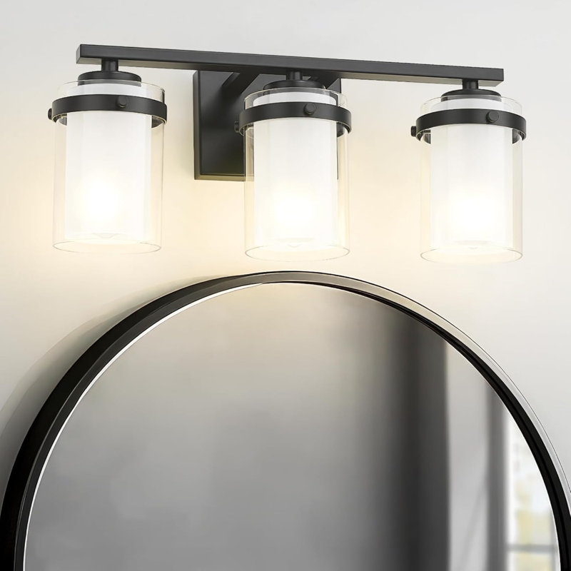 3-Light Bathroom Vanity Light Fixture With Dual Glass Shade, Modern Matte Black Wall Sconce For Over Mirror Installation In Bathroom, Hallway, Living Room