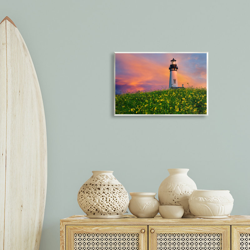 Art mural, phare et prairie florale par Dennis Frates, H 13 po x l 19 po