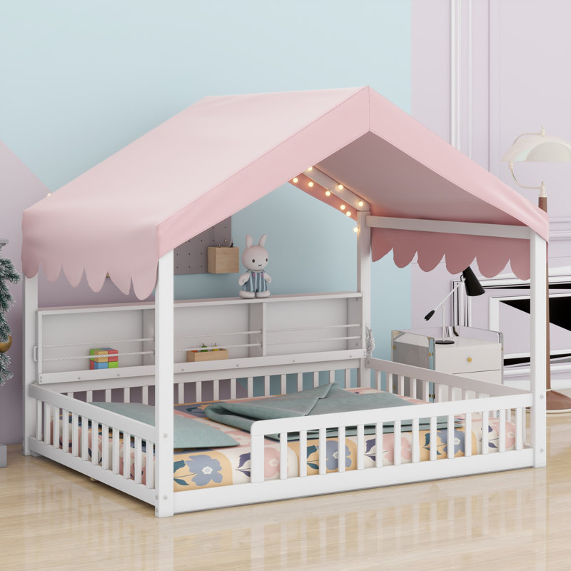 Floor House-Shaped Wooden Daybed With Fence, Shelves And LED Light, White/Pink
