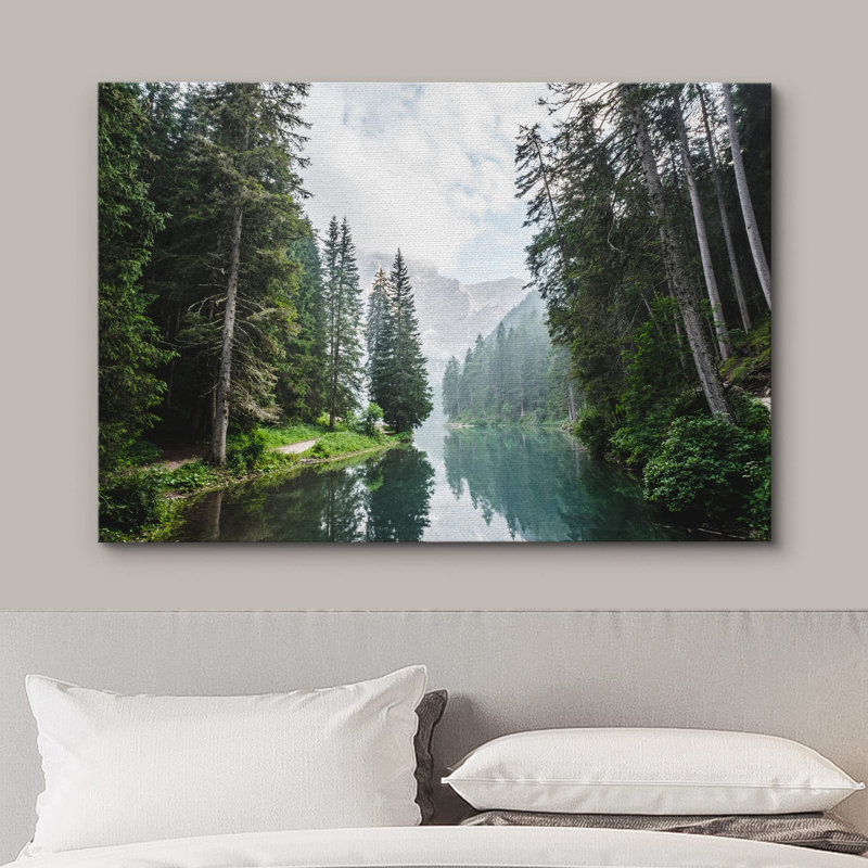 Lake River Landscape " Fall Green Forest With Lake Reflection ", Wrapped Canvas, 12" H x 18" W x 1.5" D
