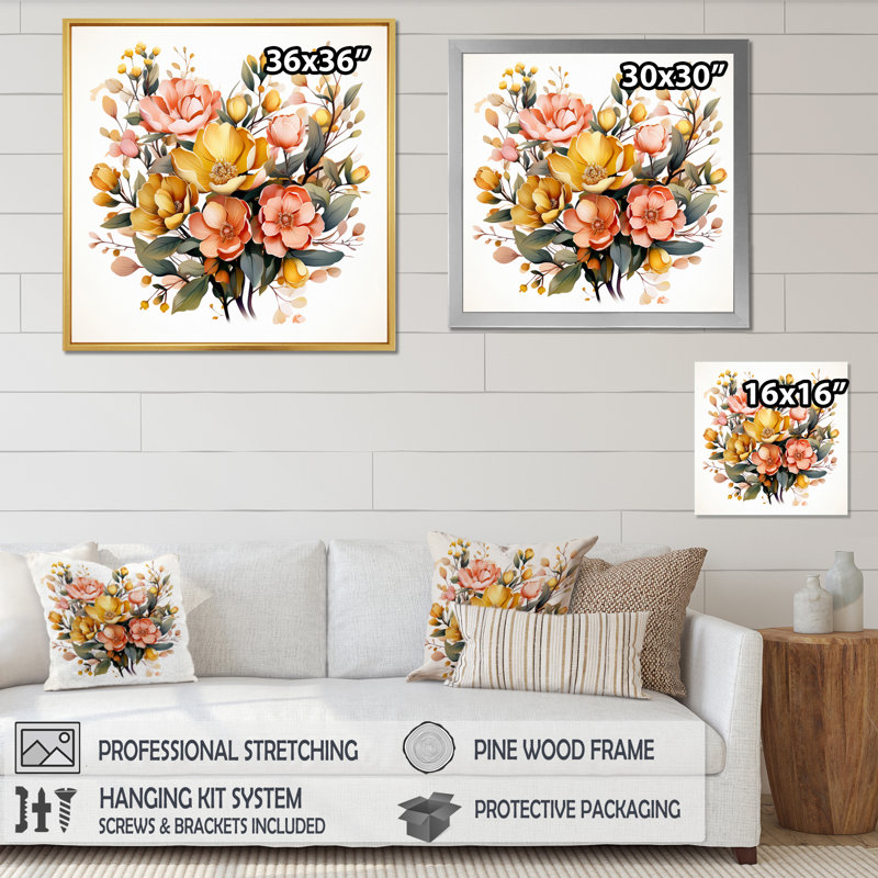 «Colorful Yellow Minimalisme Bouquet I», reproduction sur toile, H 24 po x l 24 po x P 1 po, Encadrement doré