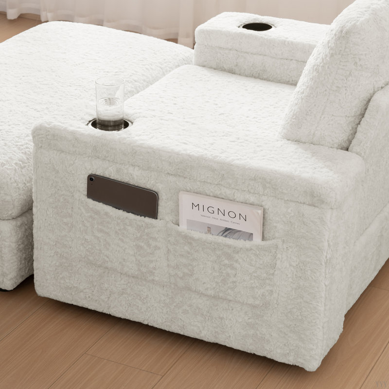 Oversized Chaise Lounge Indoor,Faux Rabbit Fur Sofa Bed with Storage Ottoman and Armrests, Beige