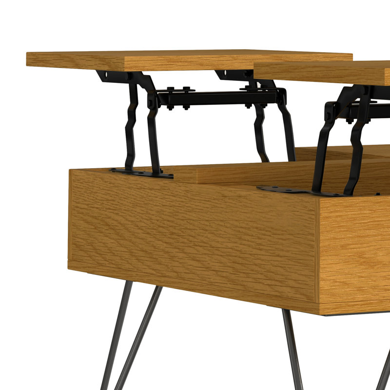 Hunter 32"W Solid Wood Industrial Square Lift Top Coffee Table with Hidden Storage and Metal  Hairpin Legs, Oak