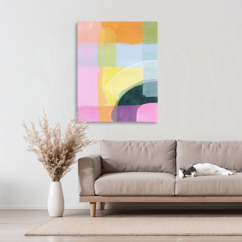 Coucher de soleil sur fond géométrique, design par Grace Popp, H 40 po x l 30 po