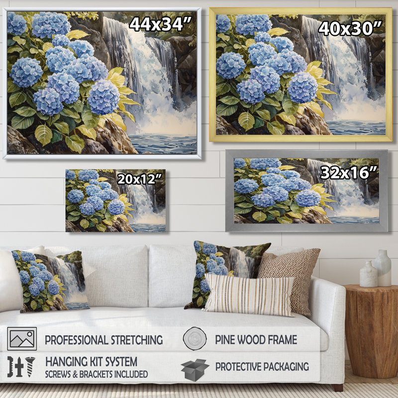 Jaber Hydrangeas By The Waterfall I - Hydrangea Wall Art, Reproduction encadrée d'une seule photo, H 34 po x l 44 po