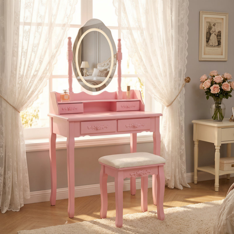 Ensemble de coiffeuse en bois avec modes d'éclairage, miroir et tabouret rembourré Princess, Rose