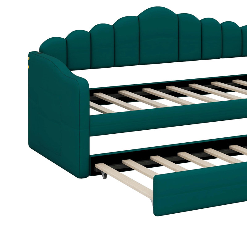 Lit de jour avec lit gigogne simple, cadre rembourré avec canapé-lit, ports de chargement USB, Vert