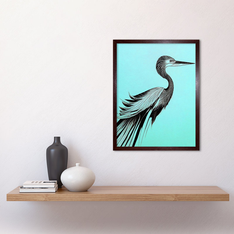 Heron Illustration Pen Ink Black Blue - Print, 43cm H x 33cm W x 2cm D, Brown Framed Unframed