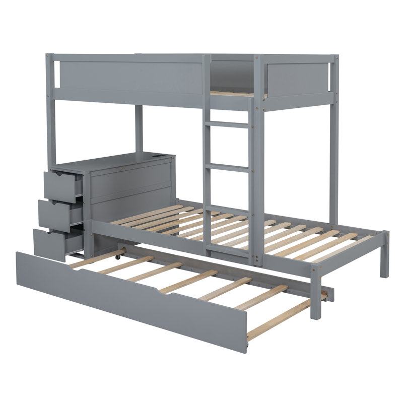 Twin-Over-Twin Bunk Bed With Twin Size Trundle, Storage And Desk, Gray, Gray