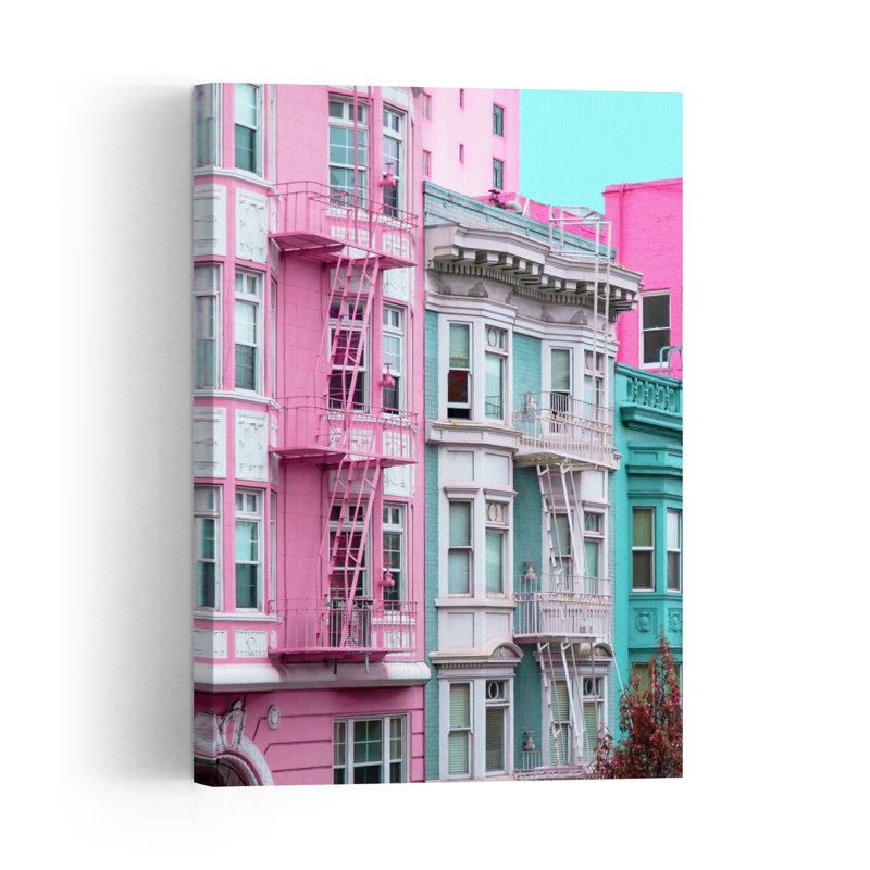 Pink And Blue Row Houses In San Francisco Abstract Contemporary Palm Architecture City Wall Art Print by Tom Windeknecht - Print