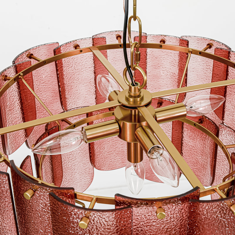 Aaron 19" 5-Light Tiered Burgundy Hammered Glass Chandelier, Adjustable Antique Brass Chain, Burgundy Red