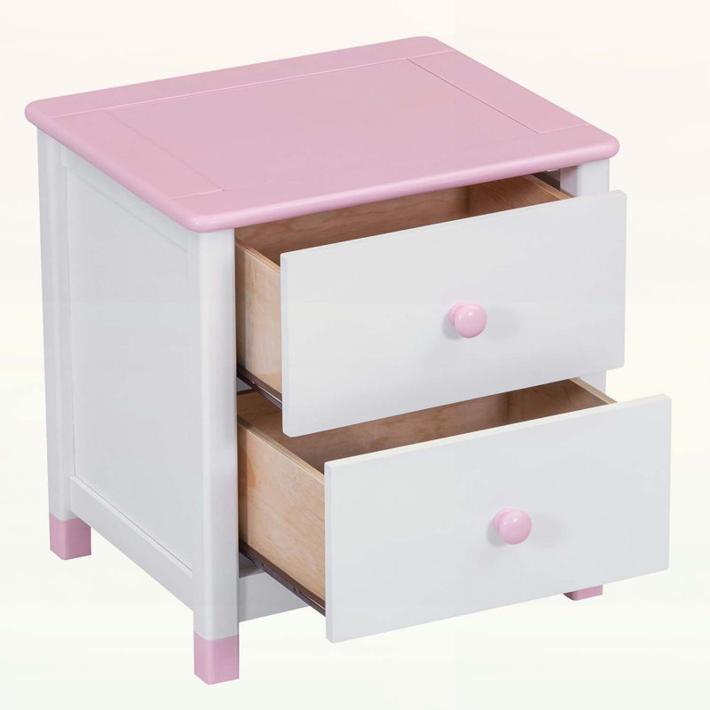 Charmante table de chevet en bois avec deux tiroirs, peu encombrante et au design mignon, Rose/Blanc