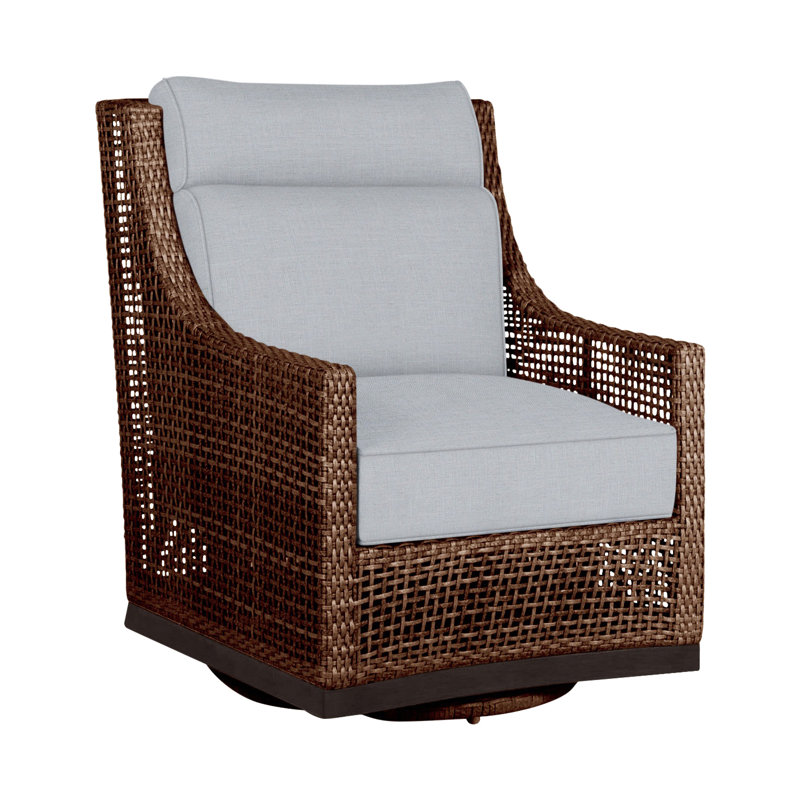 Outdoor Peninsula Gliding Wicker/Rattan Chair with Cushions, Mahogany/Chestnut, Welt + Standard fill, Linen Chambray