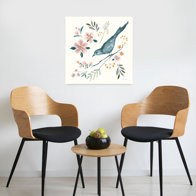 «Morning Call III», art abstrait contemporain de paysage de fleurs d'oiseaux, H 24 po x l 24 po