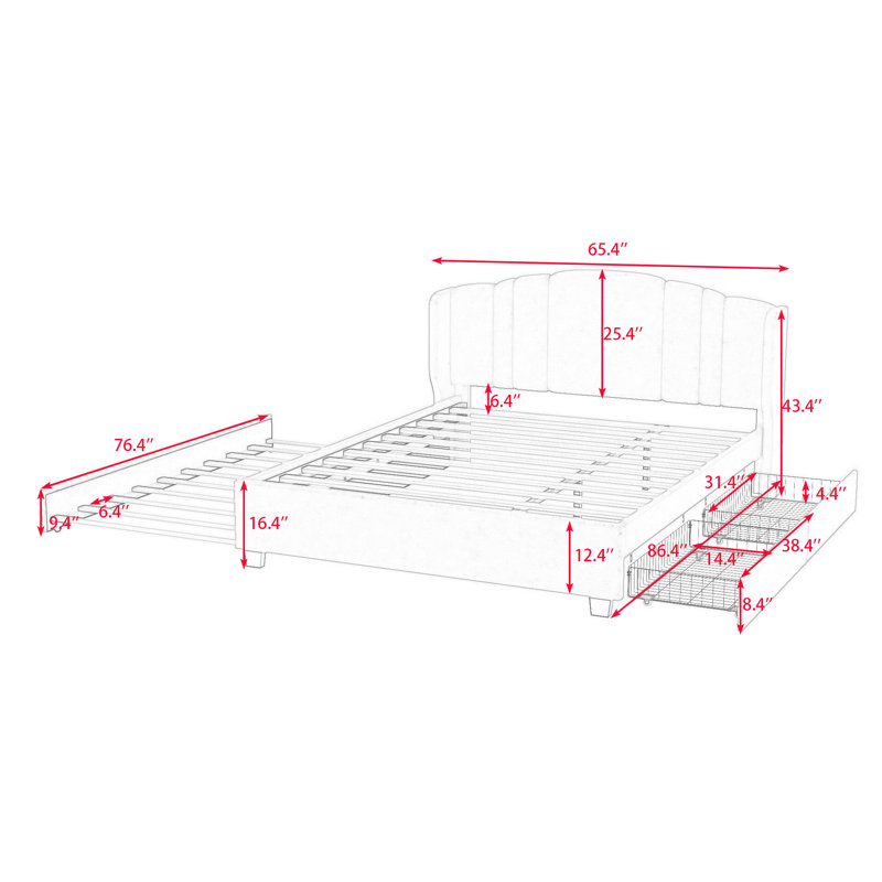 Grand lit plateforme tapissier Elester, Rose