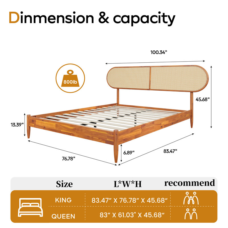 Solid Wood King Size Bed,Bohemian Platform Bed Frame,No Box Spring Needed, Brown, King