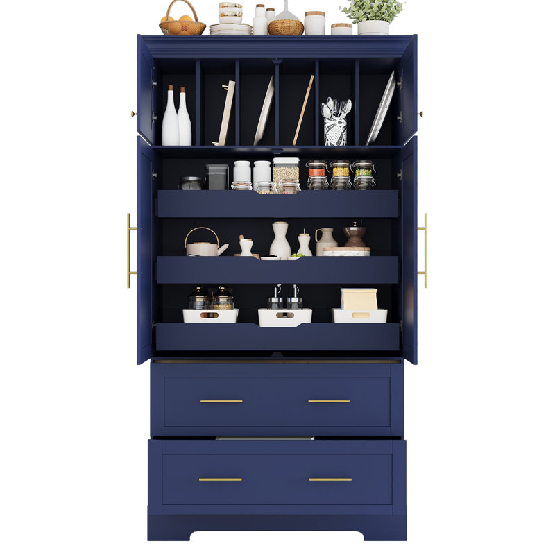 Garde-manger autoportant 40 po x 18 po x 72,6 po Farmhouse - 4 portes, plateaux coulissants, tiroirs, rangement pour moules à gâteaux, bleu