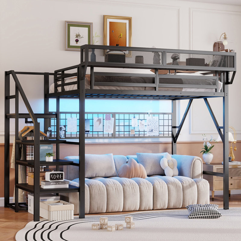 Full Size Loft Bed with Stairs, Wardrobe & Storage, Metal High Loft Bed with Light, Kids, Teens & Adults, Black, Full