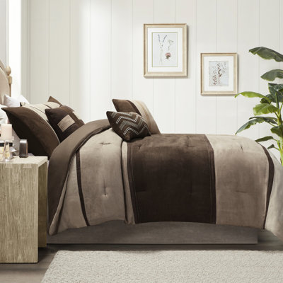 Couette 7 pièces marron - Simili daim taille King, style moderne et tendance, revers uni