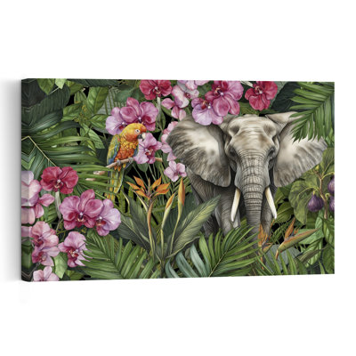 Jungle Elephant And Parrot Vibrant Abstract Bird Elephant Orchid Nature Tropical Wall Art Print 1 Piece Wrapped Canvas Wall Art