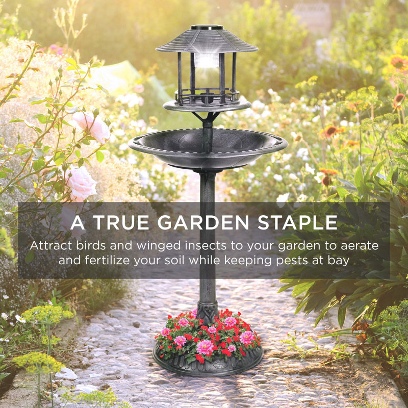 Solar Outdoor Bird Bath with Flower Pot Base and Feeder, Stone