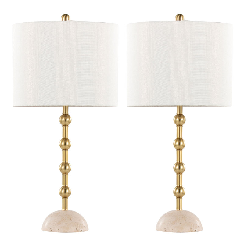 Lampe de table contemporaine, Tissu, métal, Or, blanc cassé, H 27 po x l 13 po x P 13 po