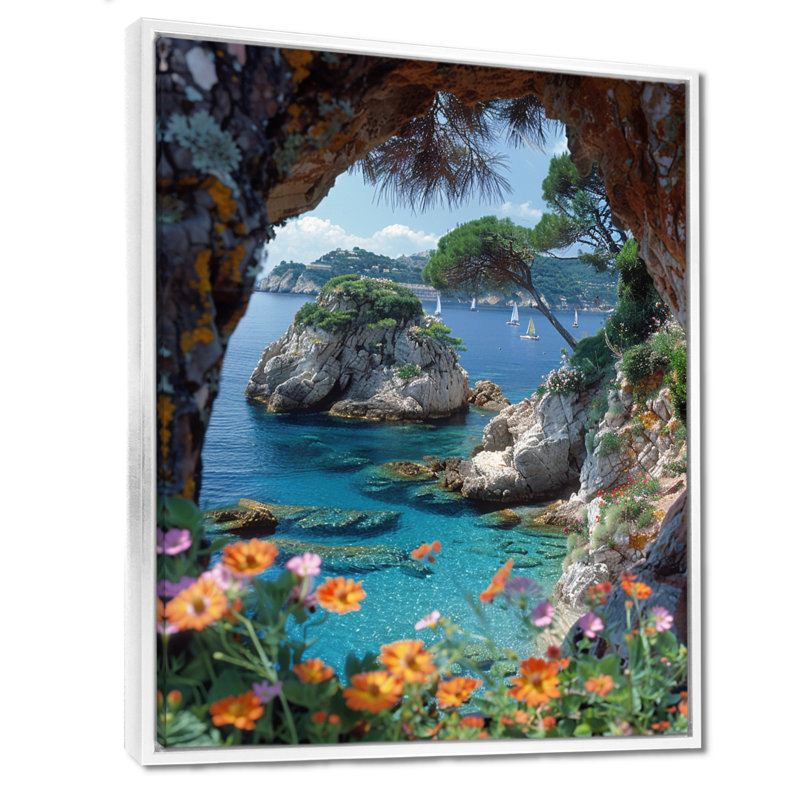 Vue de la grotte, lagon bleu, floraison, paradis, décor tropical mural côtier, Toile encadrée flottée blanche