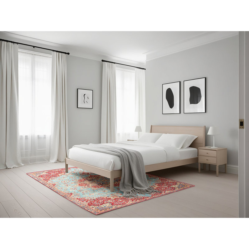 Bleu oriental/rouge/beige Tapis décoratif, Rectangle 5 pi x 7 pi