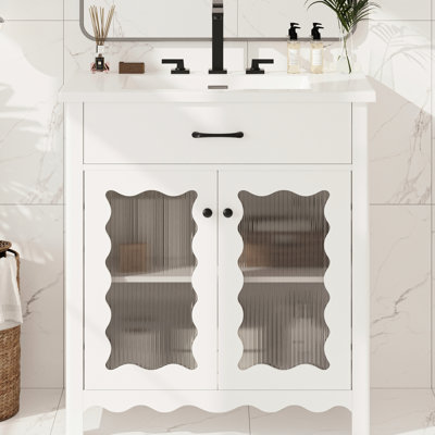 Meuble-lavabo de 79 cm (31 po) avec verre trempé, tablettes réglables et poignées noires mates pour un style élégant. Lavabo rectangulaire en céramique de 79 cm (31 po), portes à fermeture amortie, profil incurvé.