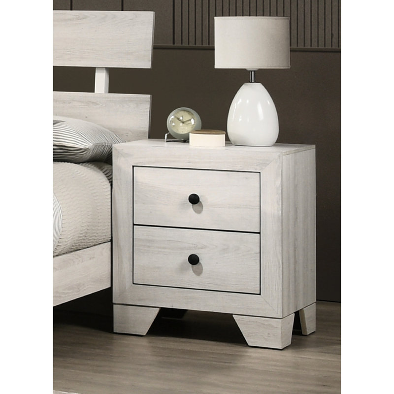 2 Drawer Rustic White Washed Nightstand For Bedroom Storage, Solid Wooden Furniture With Round Handles, 21.1" X 16.3" 24", Simple Assembly Contemporary Wash Finish Nightstand, Wood Storage Option,