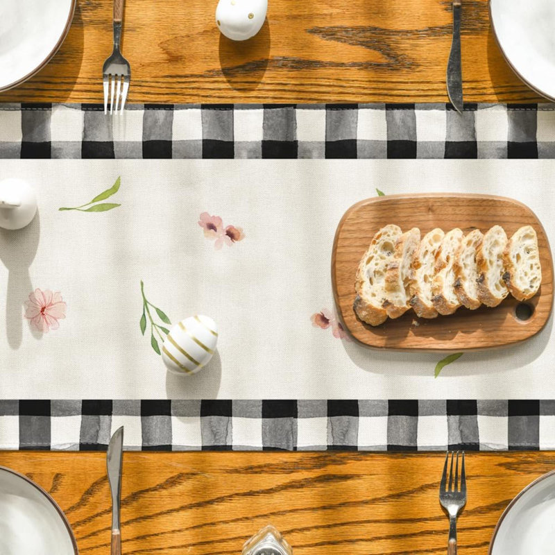 Buffalo Plaid Bunny Ear Foot Flower Easter Table Runner, Seasonal Spring Kitchen Dining Table Decoration For Home Party Decor