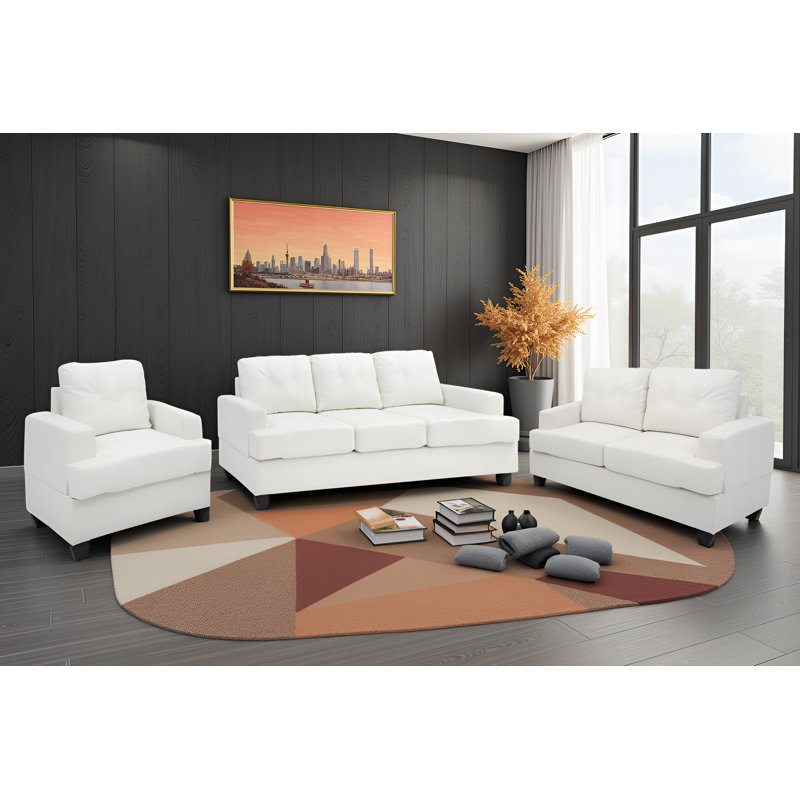 Sedef White 3pc Living Room Set, Black Microfiber / Microsuede