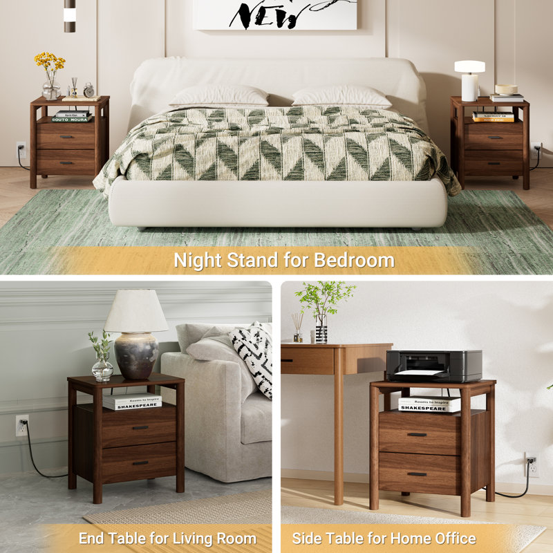 20" Narrow Nightstand Set of 2 with Charging Station, Solid Round Post Legs, 2 Drawers End Table with Open Shelf, Walnut