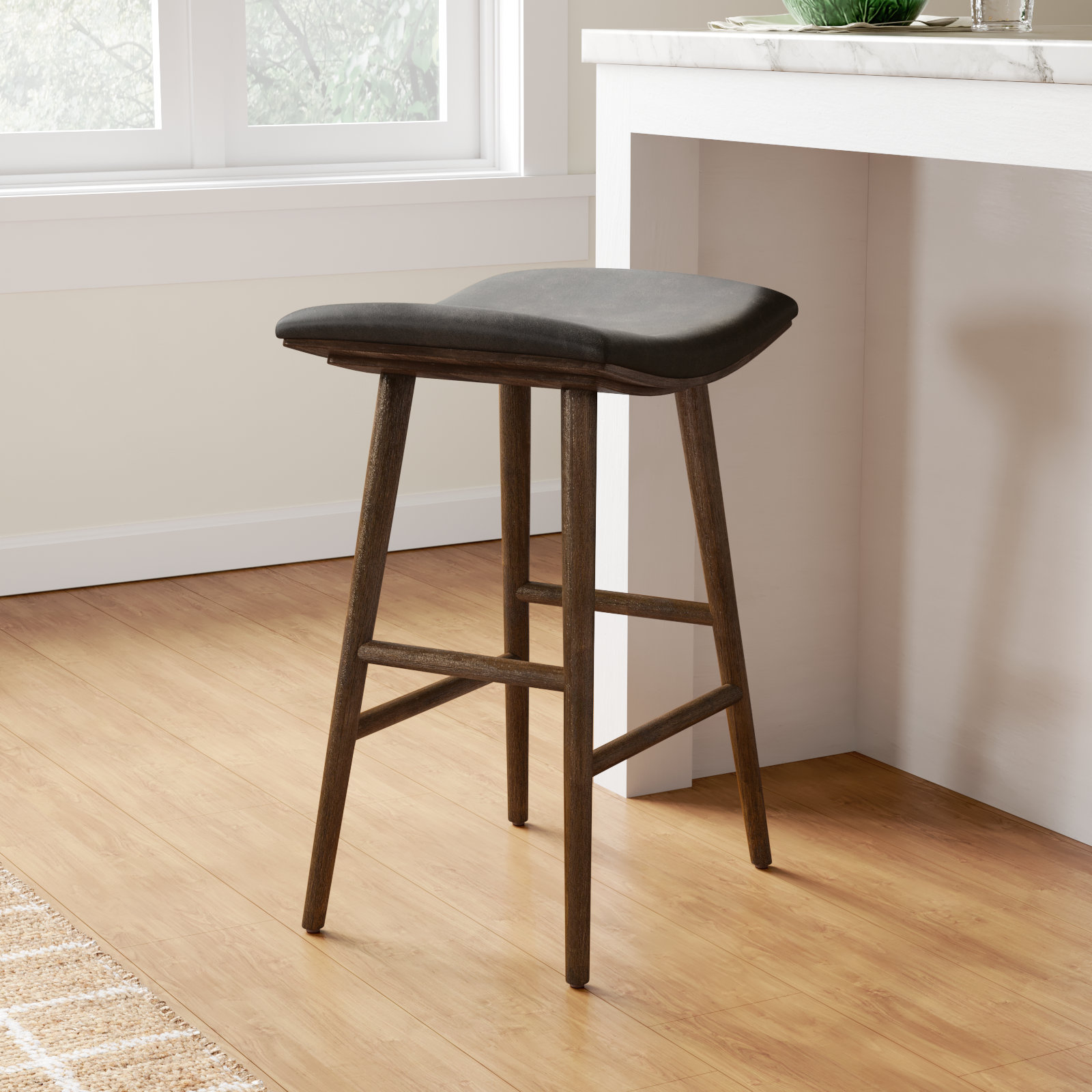 Schaeffer Bar Stool, Counter Stool (26" Seat Height), Faux Leather - Distressed Black/Warm Parawood