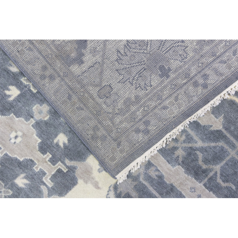 Tapis gris floral en laine noué à la main 9 pi 9 po x 13 pi 10 po Floral