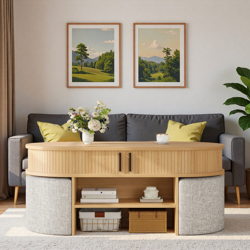 Table basse multifonctionnelle ovale avec rangement caché à lattes, compartiment de rangement ouvert et 4 tabourets courbés rembourrés