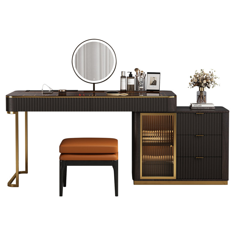 Dressing Table with Mirror, Black/Gold, 47" W x 23" D x 29.5" H
