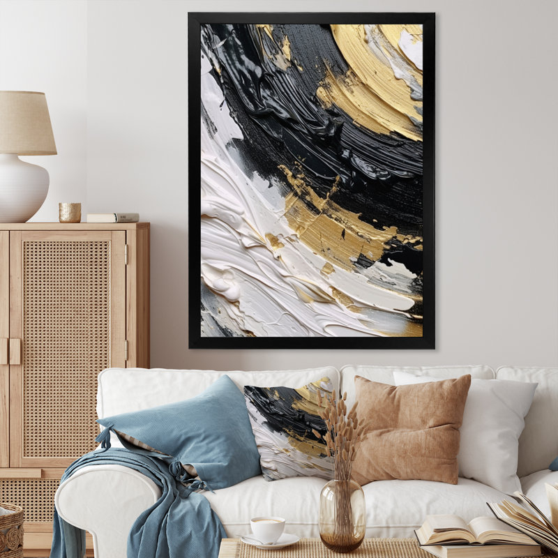 Gold Black Spiral Illusions II - Abstract Spirals Wall Art Prints, Black Single Picture Framed, 40" H x 30" W x 1.5" D