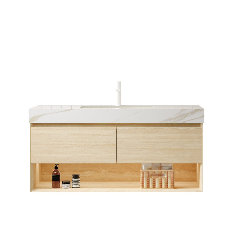 Meuble-lavabo 48 po, meuble de rangement flottant en contreplaqué, tiroirs et tablette avec capteur de lumière, lavabo encastré en céramique et plateau en pierre frittée dorée Calacatta