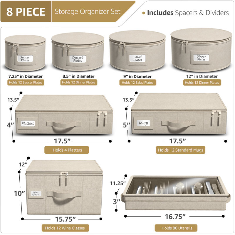 Sorbus 8 Piece Hard Shell Dinnerware Storage Cases - for Dinnerware, Mugs, Cups, Beige, Beige