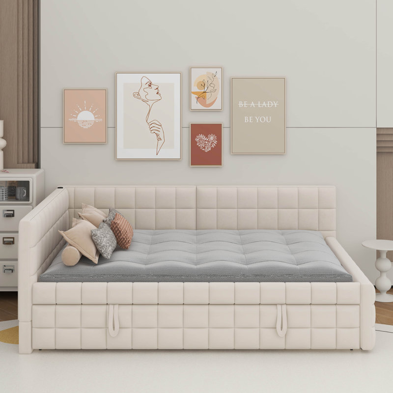 Full Size Upholstered L-Shaped Upholstered Daybed With Twin Size Pop Up Trundle And USB Ports, Beige