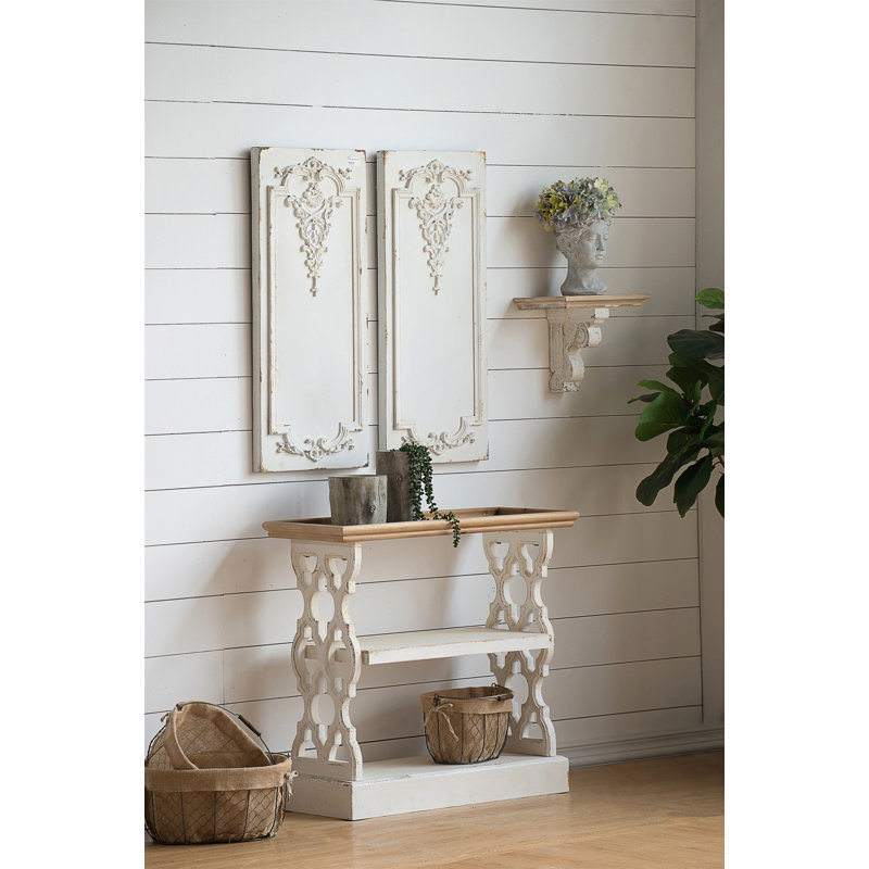 Console 35,5 po x 14 po x 32 po en bois vieilli blanc et naturel, console de style champêtre