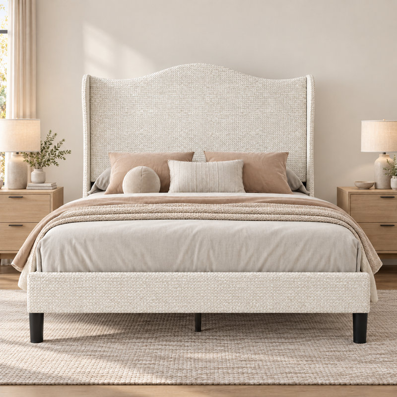 Base de lit tapissier à oreilles avec tête de lit grand, Grand lit