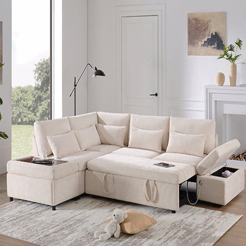Canapé-lit modulaire de 107 po avec canapé-lit en forme de L, accoudoirs réglables en L, charge USB et Type-C, repose-pieds avec rangement à mouvement libre, combinaison libre pour le salon et l’appartement, chenille