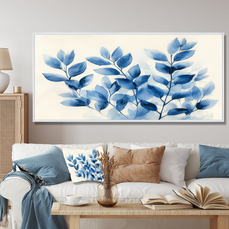 «Soft Leaves In Hazy Blues Watercolor I - Plants», reproduction sur toile, 28" H x 60" W, Cadre flottant blanc