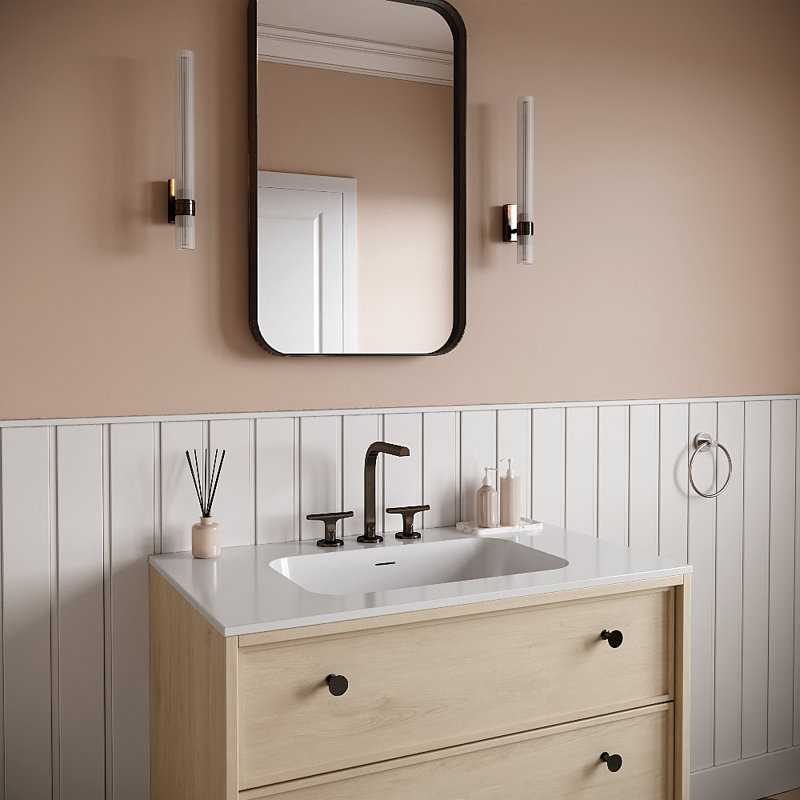 Plan de toilette rectangulaire Streamline GT-1208-36, 91,4 cm (L) x 55,9 cm (P), en surface solide blanche brillante, avec lavabo simple.