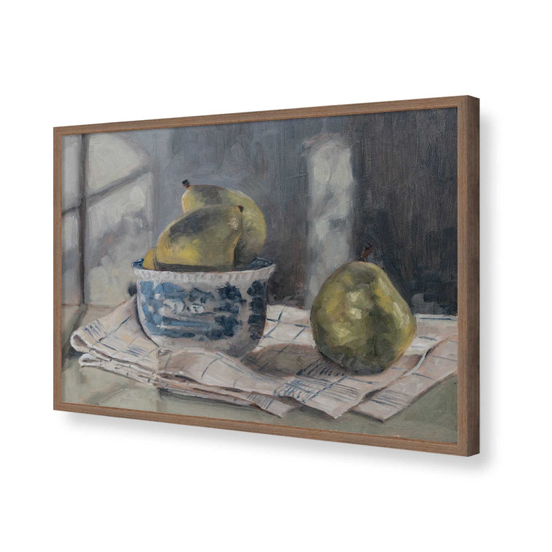 «Pears In A transfertware Bowl 1» par Miss Mustard Seed, reproduction d'art, H 24 po x l 32 po, Brun