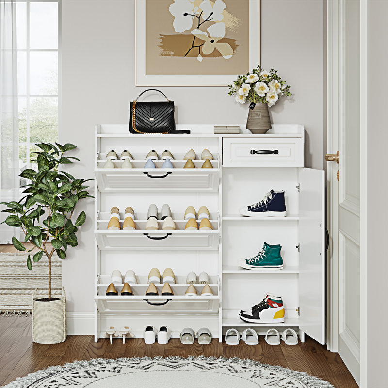 Armoire à chaussures blanche avec 4 portes et 1 tiroir