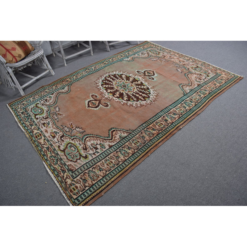 Tapis turc Oushak rétro fabriqué à la main en brun et vert - parfait pour les salons